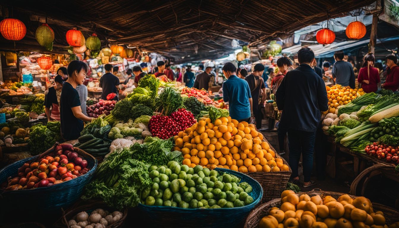 A vibrant traditional Vietnamese market filled with a variety of fruits and vegetables.