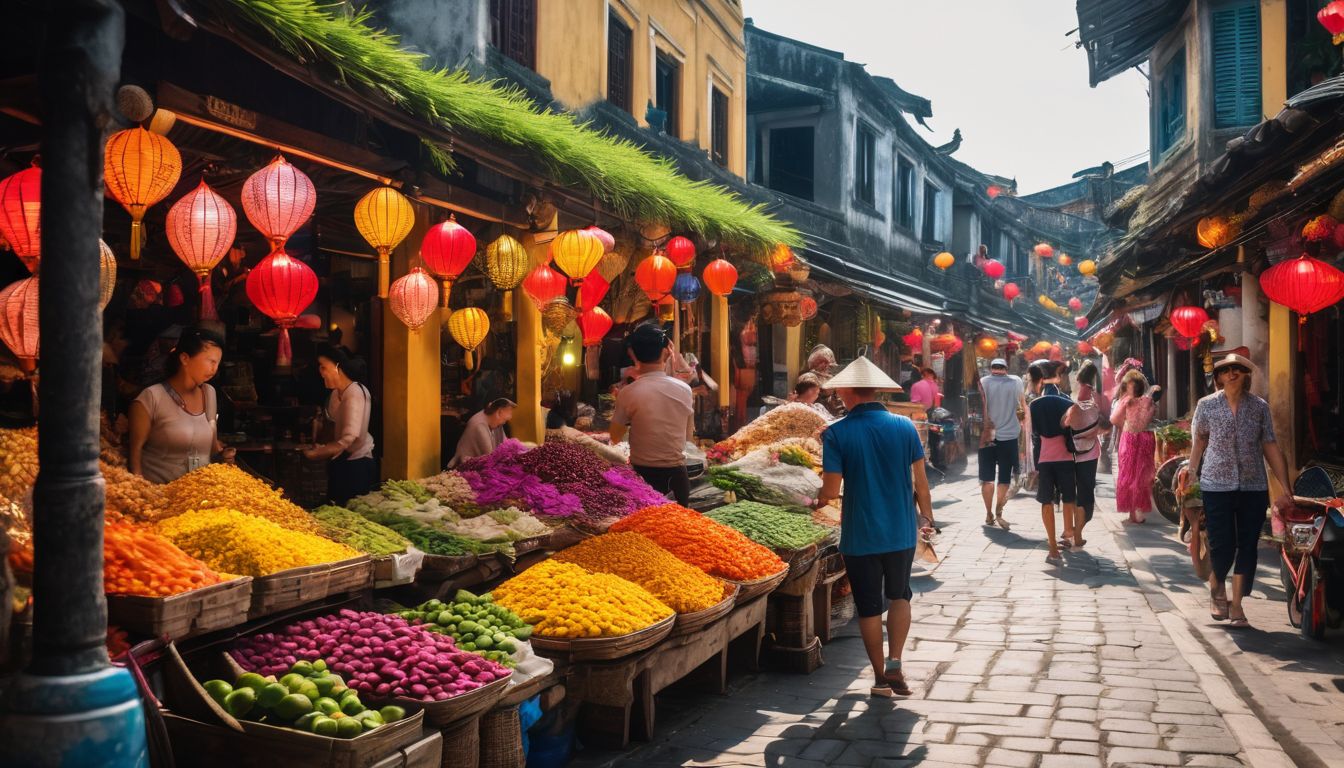 A group of diverse tourists are exploring a vibrant street market in Hoi An.