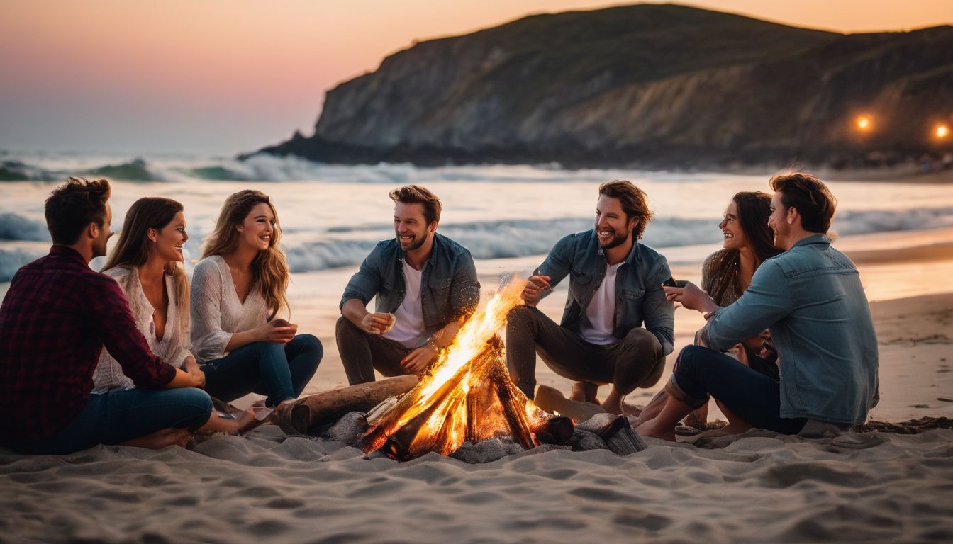 A diverse group of friends enjoy a beach bonfire at sunset.