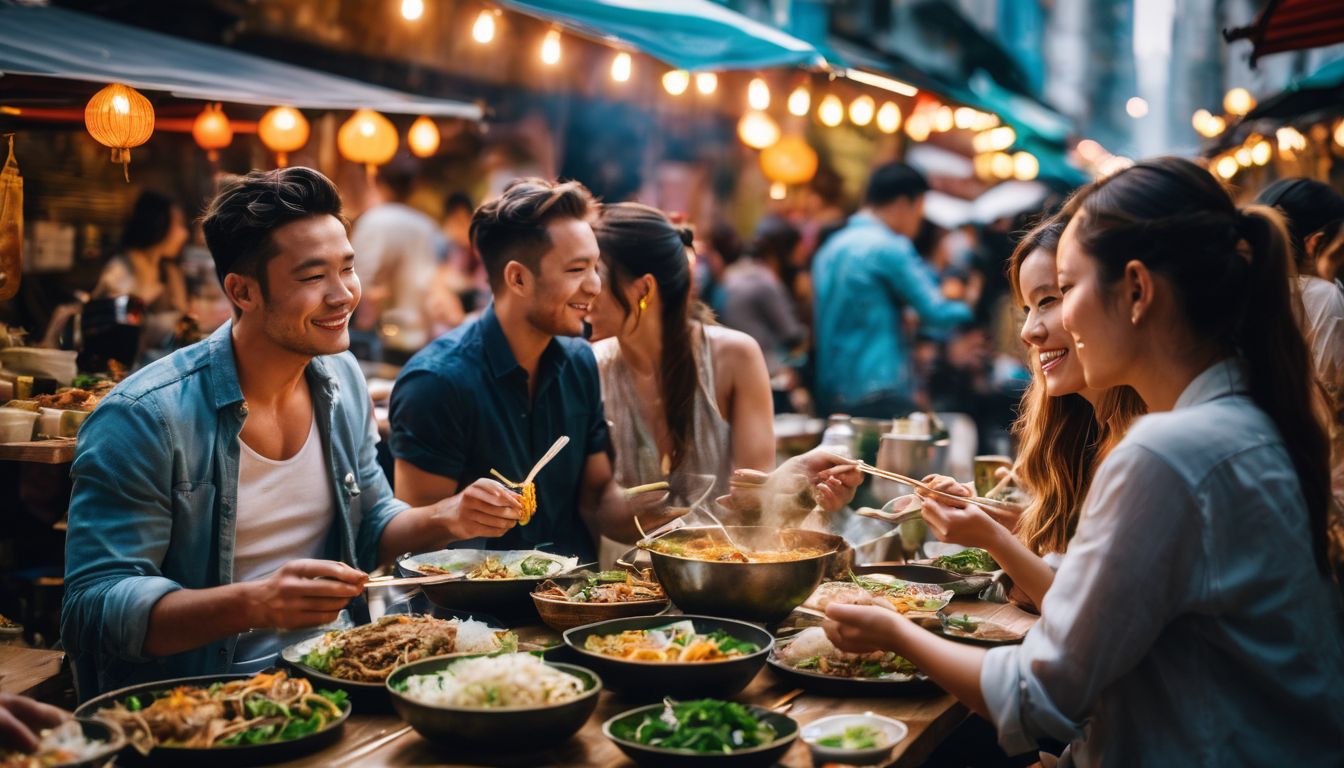 A group of friends enjoying a vibrant Vietnamese feast at a bustling street food market.