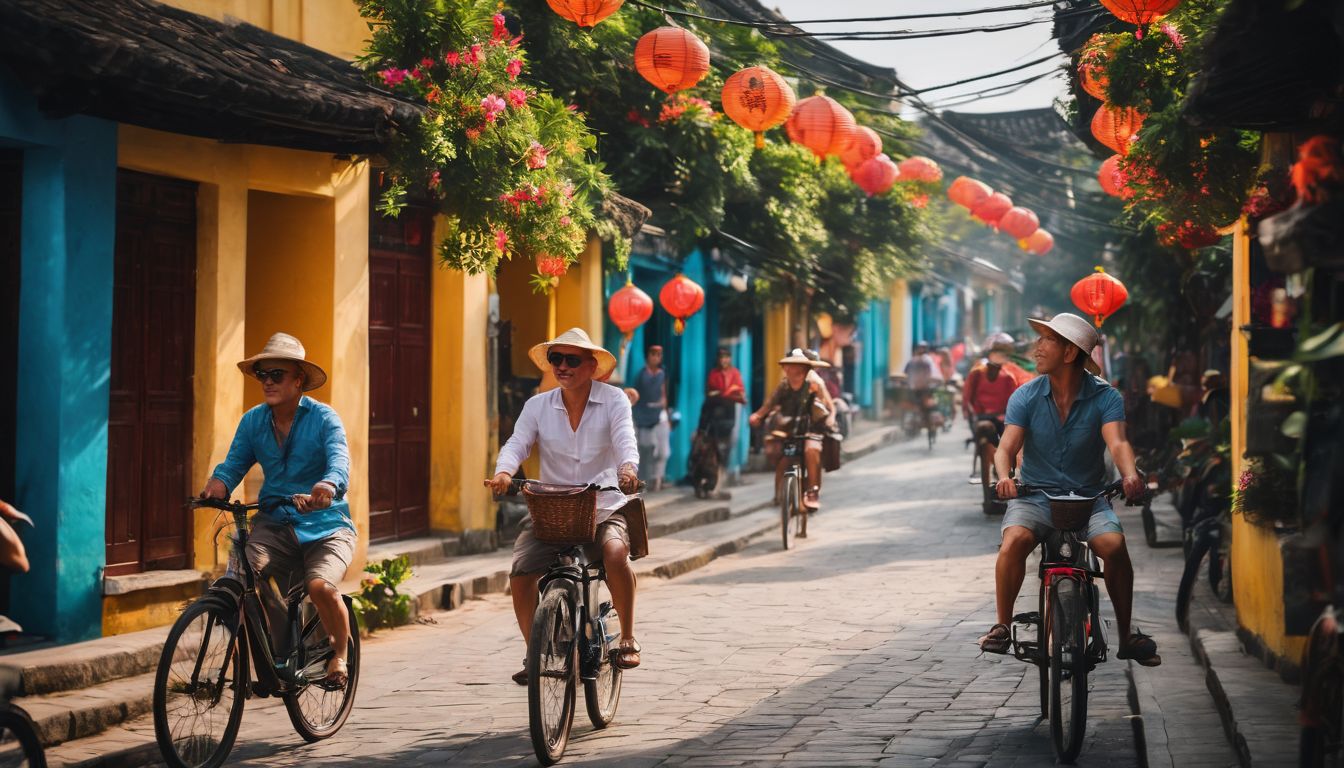 A diverse group of travelers explore the colorful streets of Hoi An on bicycles.