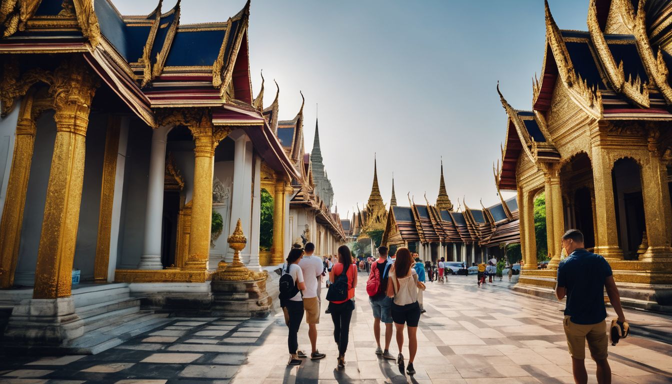 A diverse group of tourists explore the bustling Grand Palace in Bangkok, capturing the vibrant cityscape on camera.