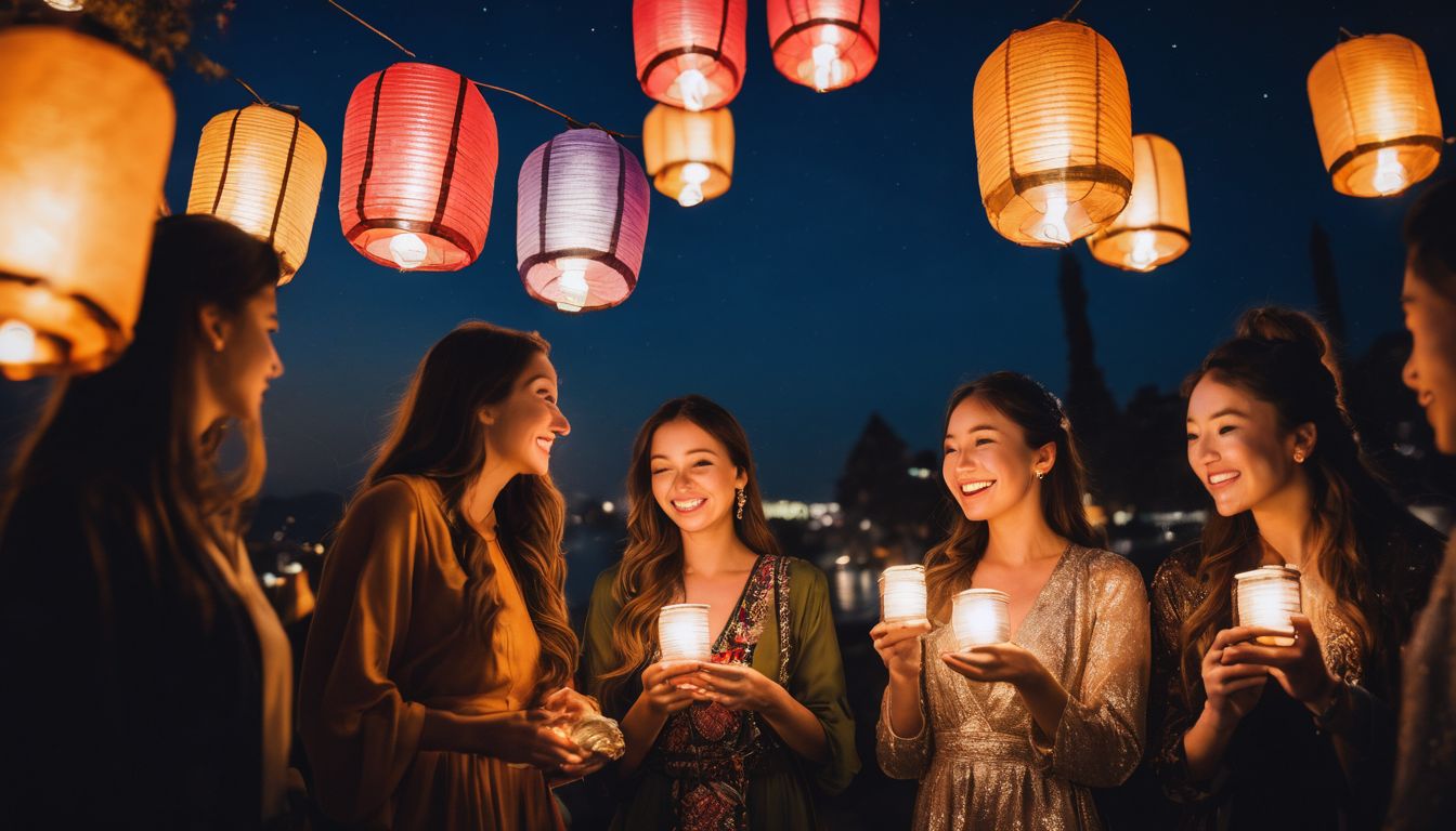 A diverse group of friends releasing lanterns during a vibrant nighttime ceremony in the city.