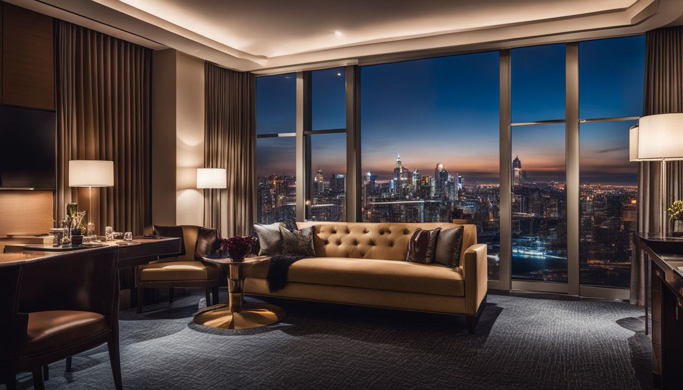 A photo of a luxurious hotel room with a city skyline view, featuring diverse individuals with different appearances and outfits.