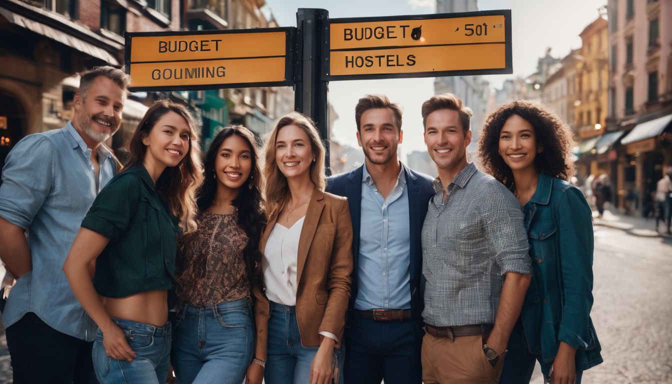 A diverse group of travelers stands in front of a signpost displaying directions to budget hotels.