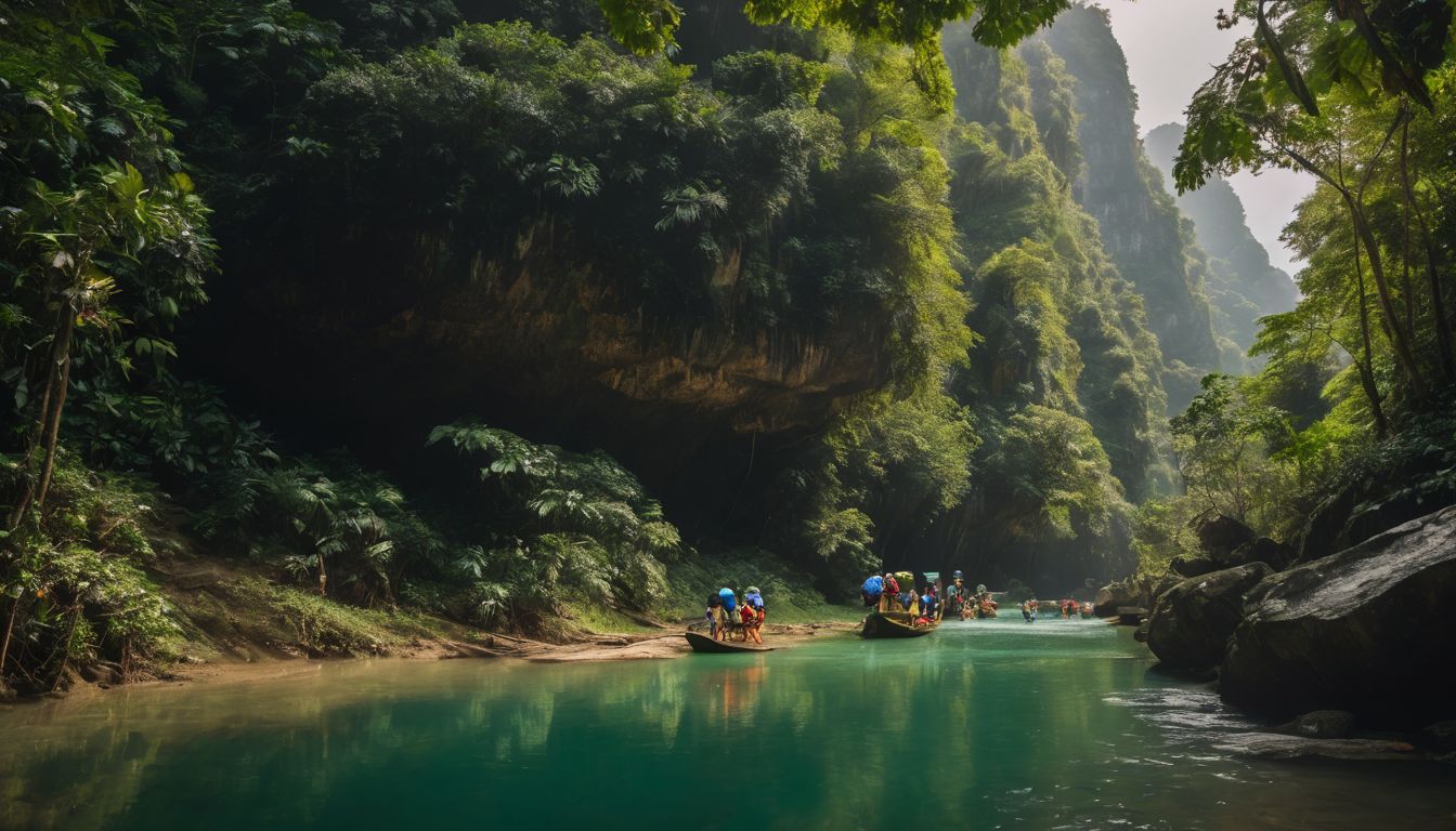 A diverse group of hikers explore the lush trails of Phong Nha National Park in Vietnam.