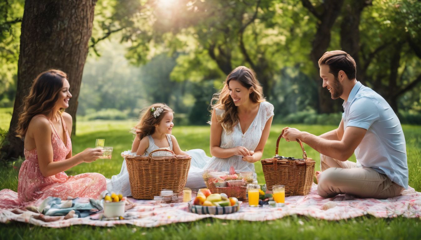 A diverse family enjoys a picnic in a beautiful park surrounded by colorful flowers.