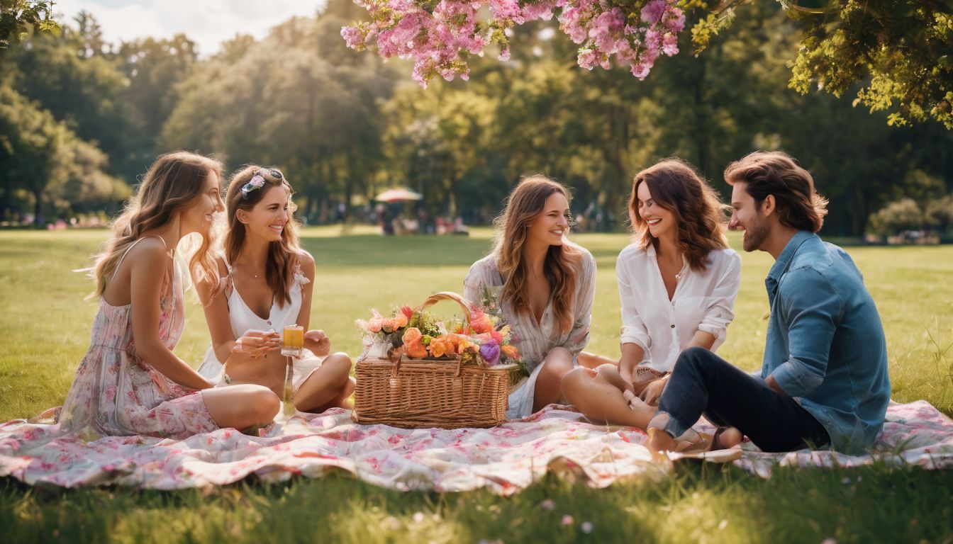 A diverse group of friends enjoy a picnic in a beautiful park surrounded by colorful flowers.
