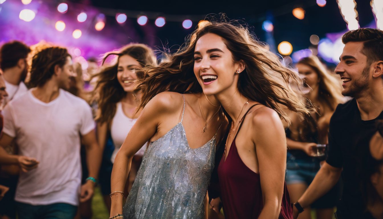 A diverse group of friends enjoy themselves at a music festival, captured in a vibrant and energetic photograph.