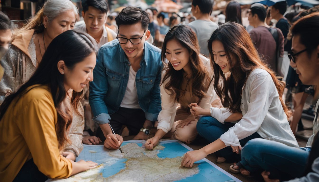 A diverse group of people gather around a map of Southeast Asia in a bustling atmosphere.