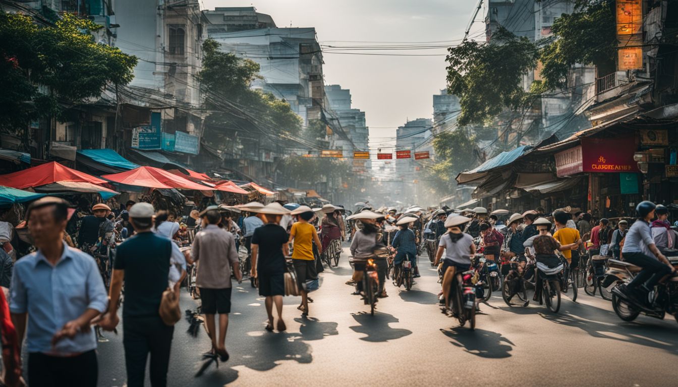 A bustling street in Saigon during the Republic of Vietnam era with diverse individuals and vibrant city life.
