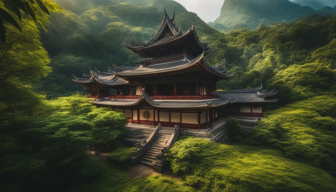 A photo of an ancient Buddhist temple surrounded by lush greenery and a bustling atmosphere.