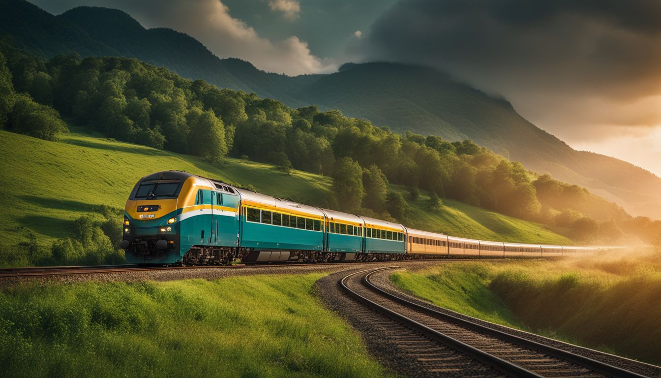 A train speeds through a picturesque countryside landscape, capturing the bustling atmosphere and diverse passengers on board.