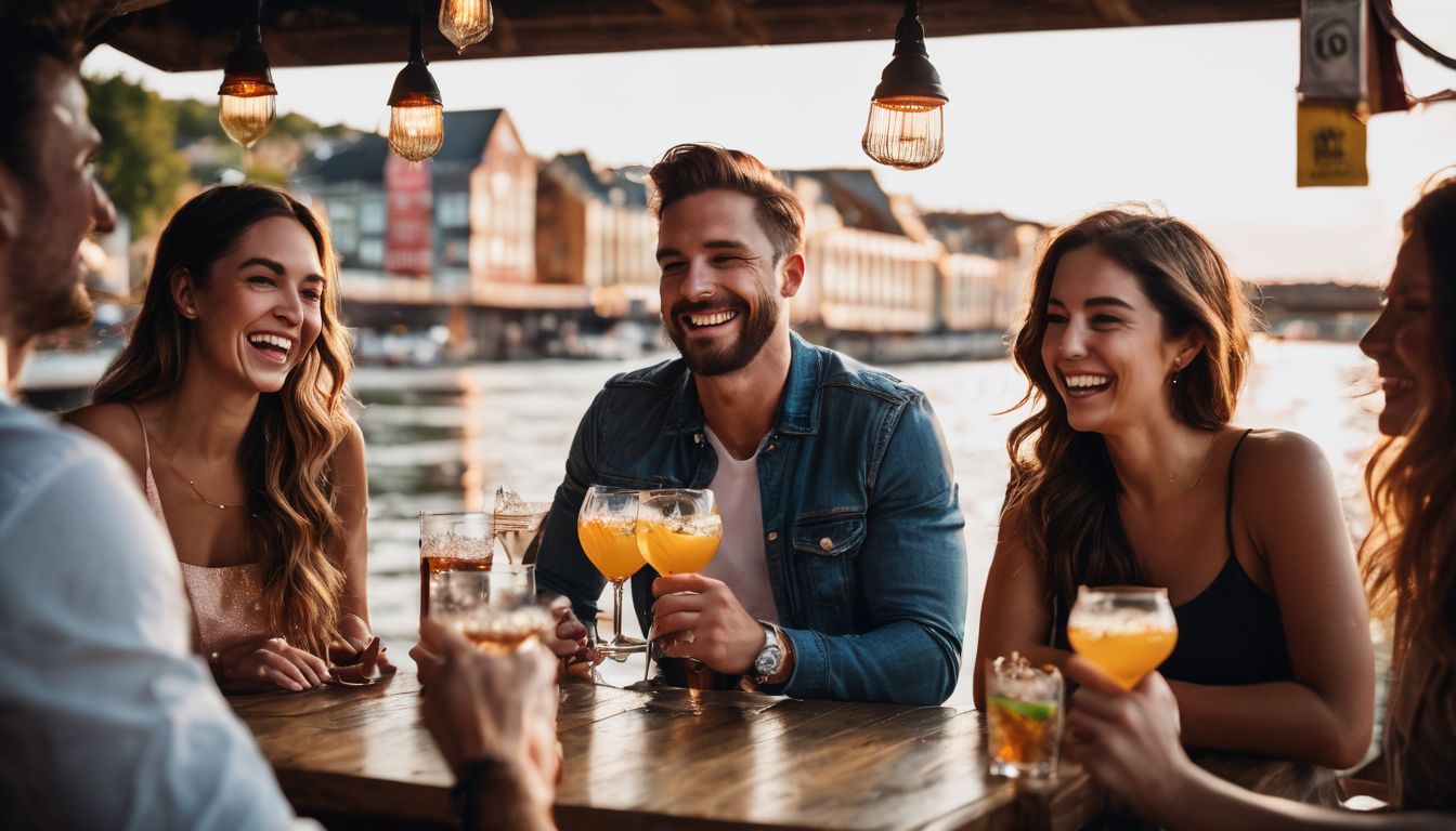 A diverse group of friends enjoy drinks and laughter at a lively riverside bar.