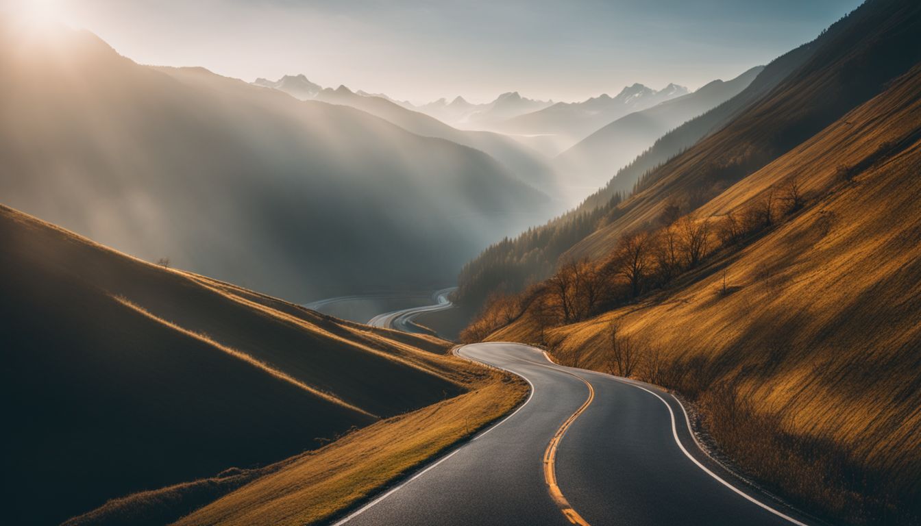 A scenic photograph of a winding road disappearing into misty mountains, capturing a bustling atmosphere and showcasing diverse individuals.
