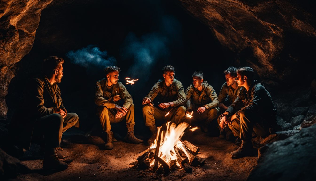 A group of Allied prisoners gather around a campfire inside Krasae Cave, showing resilience in a dark and uncertain environment.