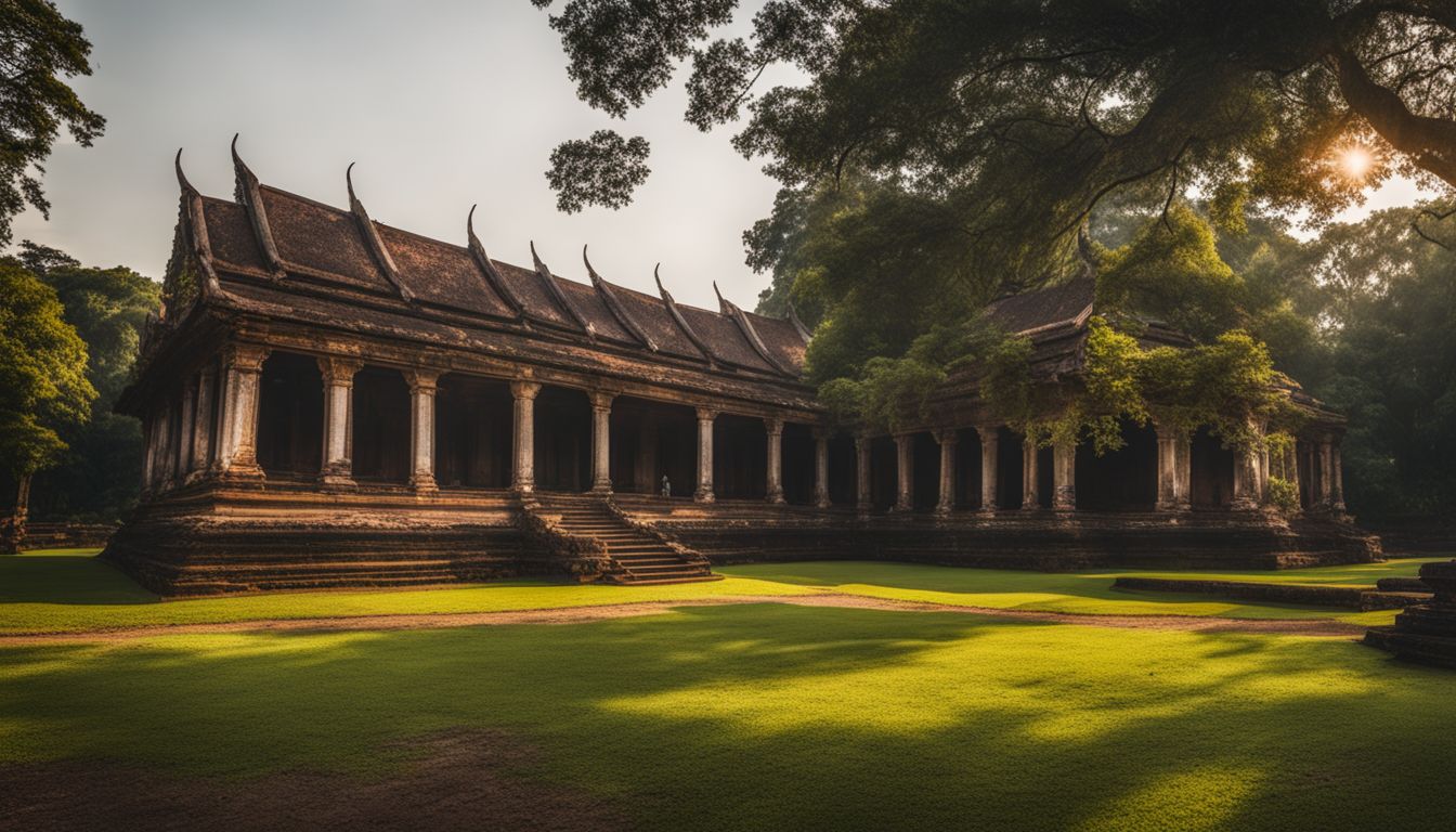 A photo of the ancient royal palace at Kamphaeng Phet surrounded by lush greenery and a bustling atmosphere.