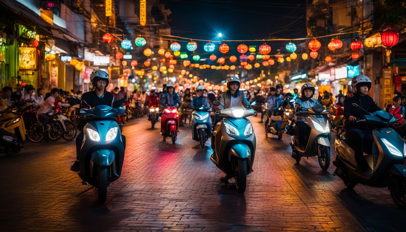A bustling night scene in Sài Gòn with colorful light trails from passing scooters and a diverse crowd.