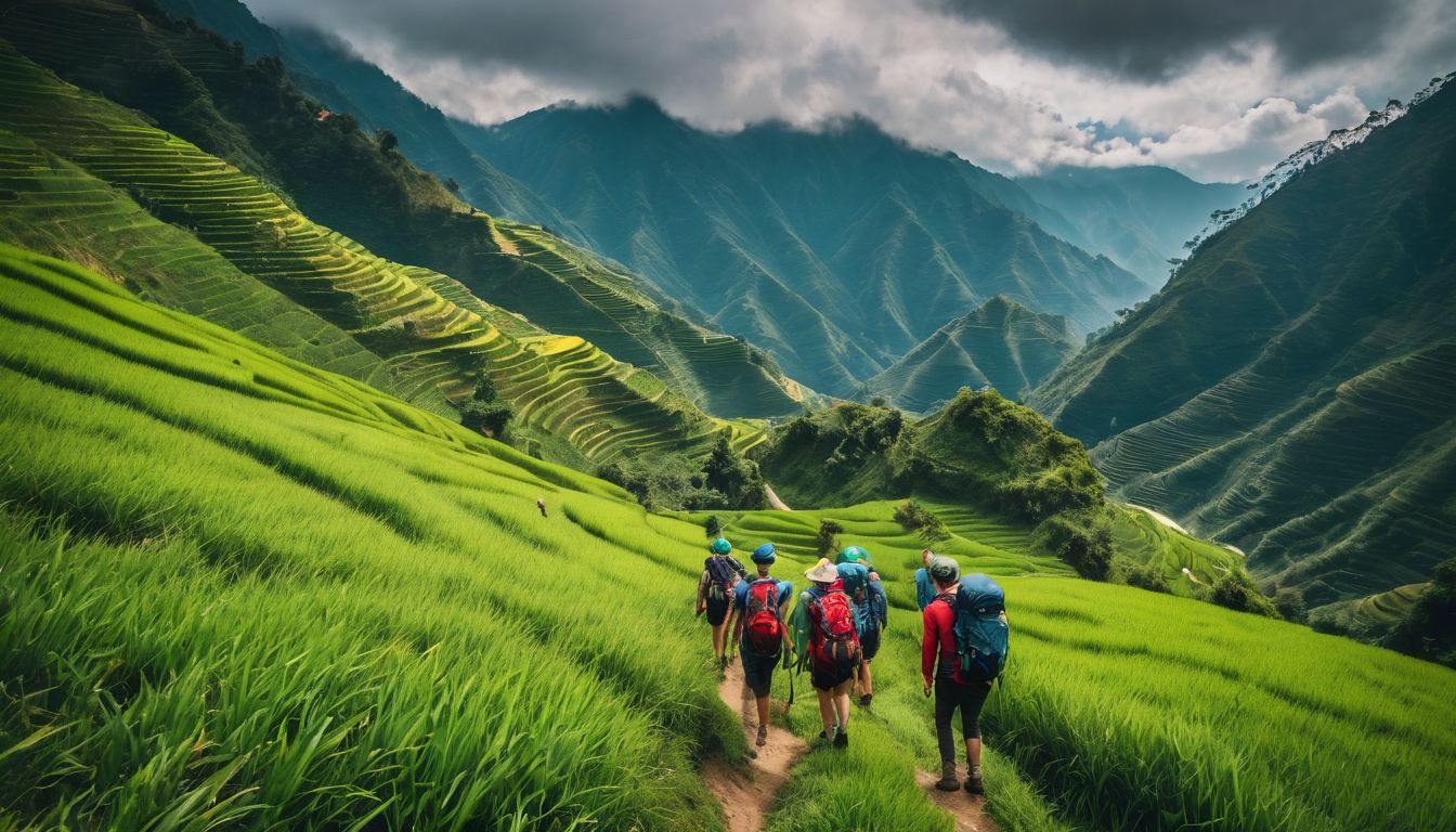 A diverse group of hikers explore the beautiful mountain scenery of Sa Pa.