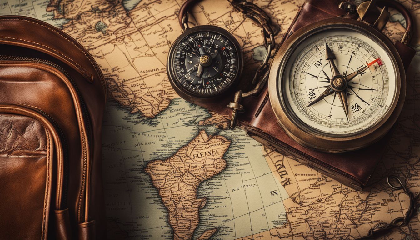 A locked backpack surrounded by travel essentials on a vintage map, creating a sense of adventure and exploration.