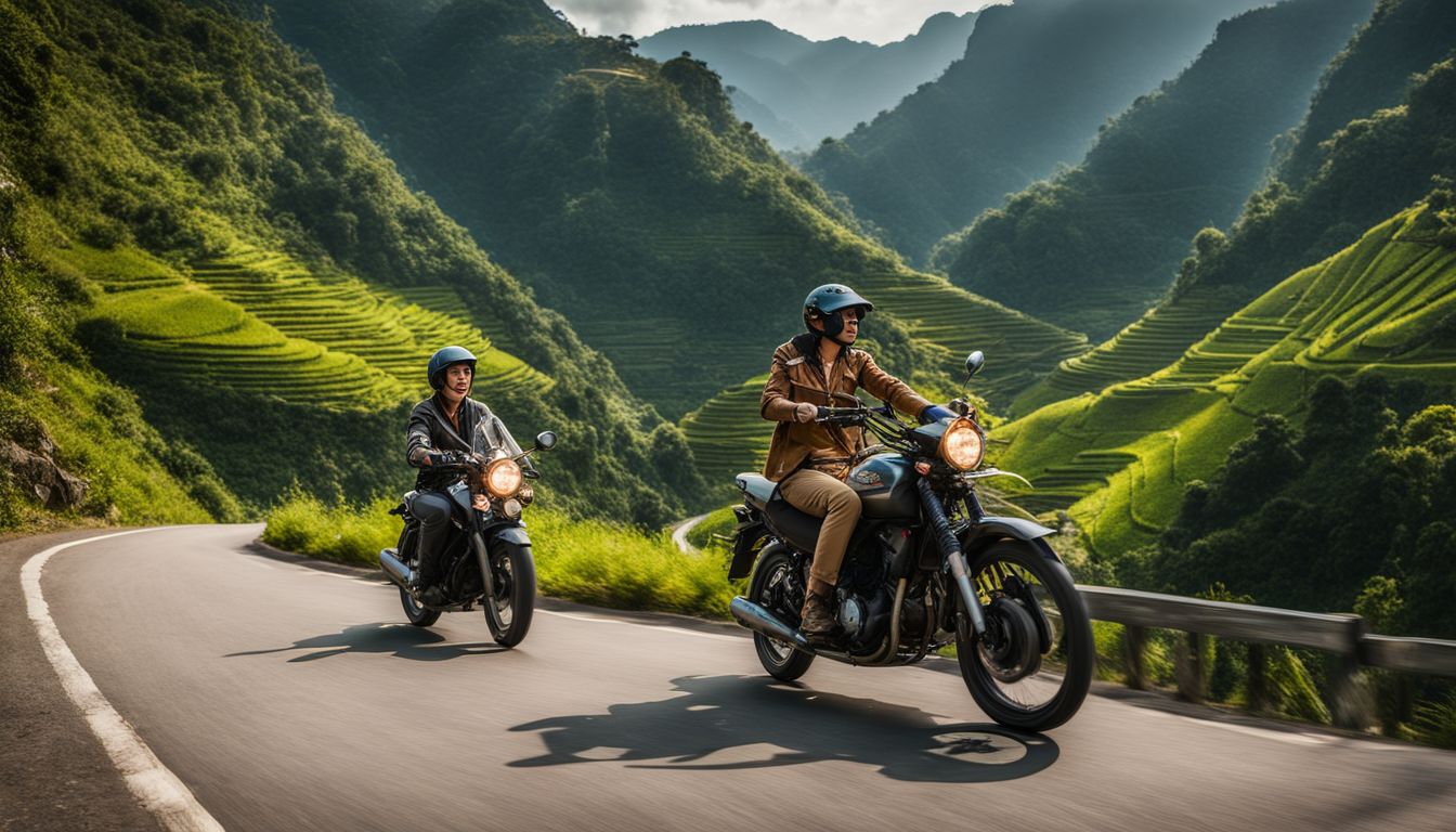 A traveler on a motorbike explores the scenic mountain roads of Vietnam, capturing the bustling atmosphere and stunning landscapes.