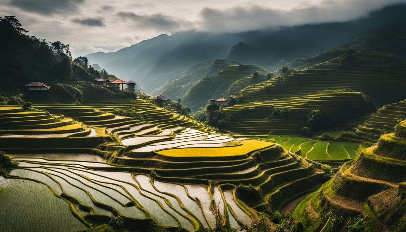 A vibrant photograph capturing the breathtaking beauty of rice terraces and mist-covered mountains in Sapa.