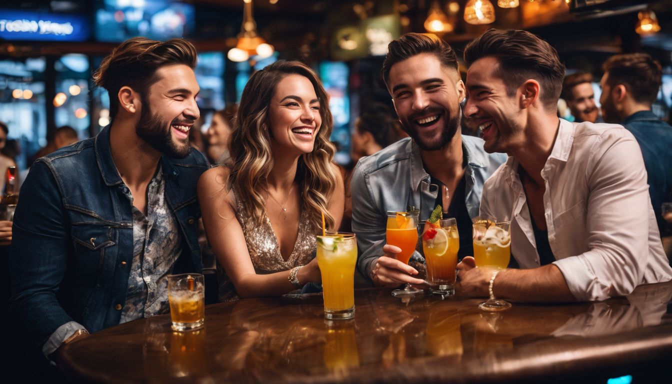 A diverse group of friends enjoying drinks and laughter at Scooter's Bar in a bustling atmosphere captured in a high-quality photograph.