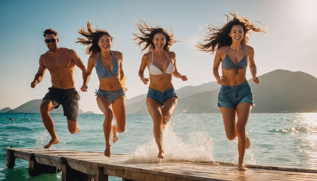 A diverse group of friends joyfully jumping off a wooden pier into the crystal-clear waters of Nha Trang beach.