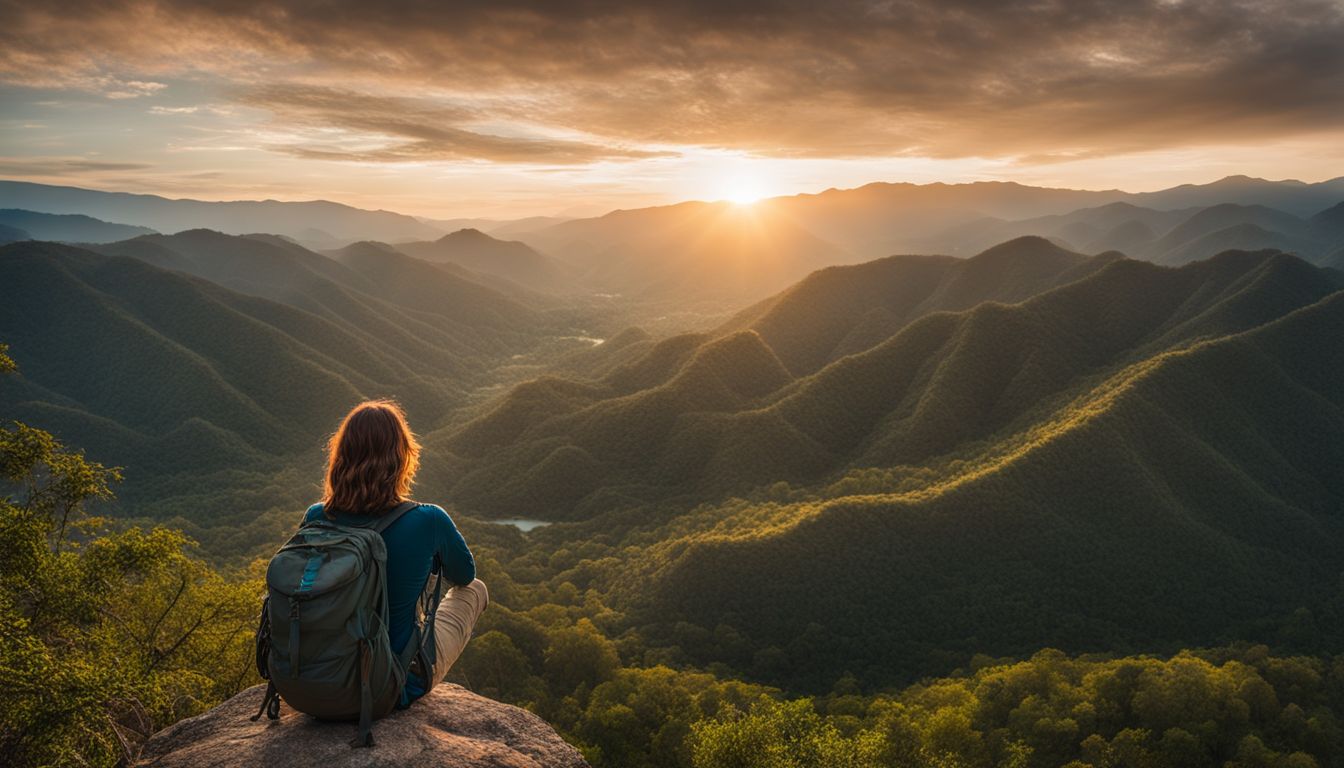 A hiker enjoys a stunning view of Pai Canyon at sunset, captured in a high-quality landscape photograph.