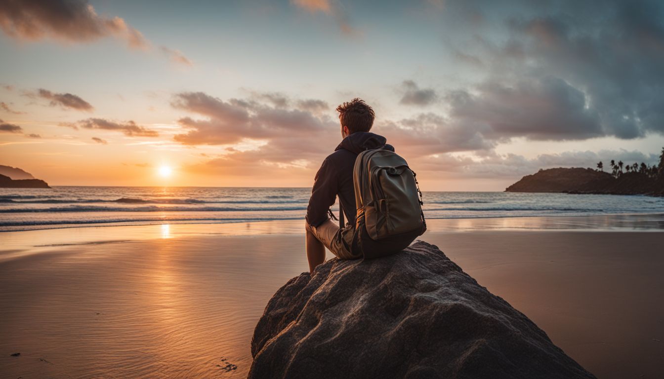 A backpacker watches the sunset on a secluded beach, capturing the beauty of nature in a cinematic photograph.