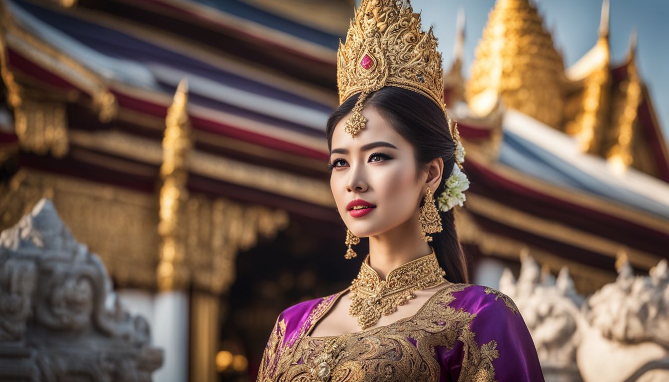 A woman wearing traditional Thai clothing poses in front of the Three Kings Monument for a detailed and vibrant photograph.
