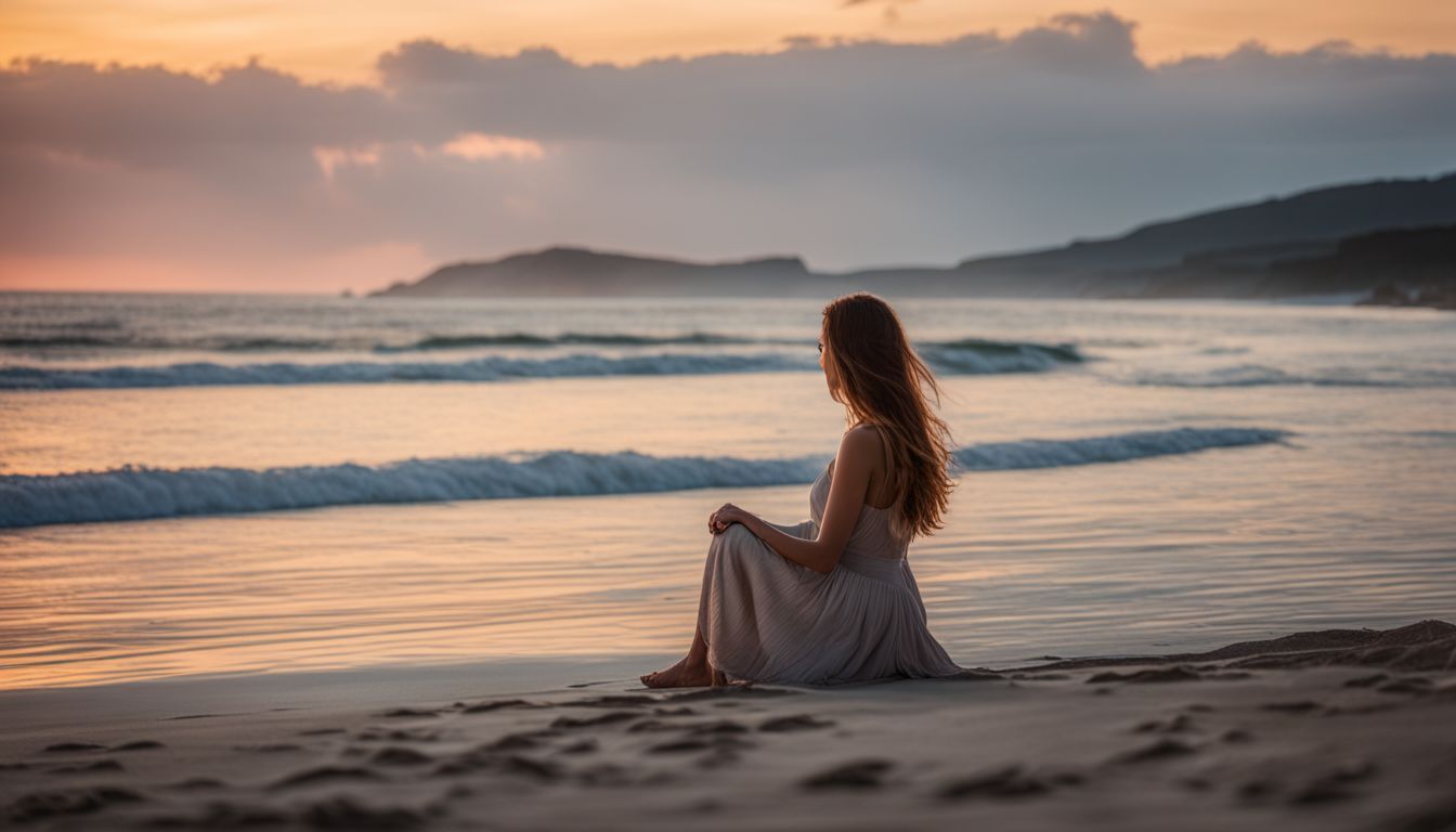A woman enjoys the tranquility of a peaceful beach.
