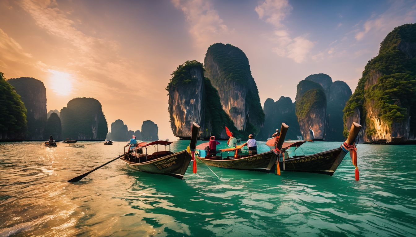 A diverse group of friends enjoy a sunset boat tour in Thailand.