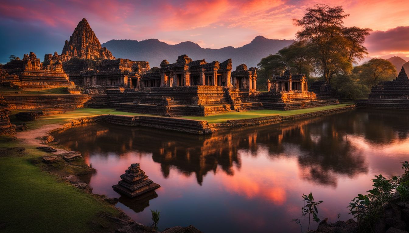A stunning photograph of ancient temples with a vibrant sunset sky as the backdrop.