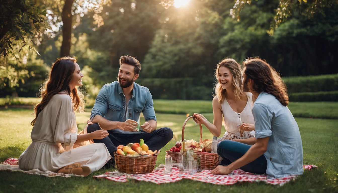 A diverse group of people enjoying a picnic in a lush park.