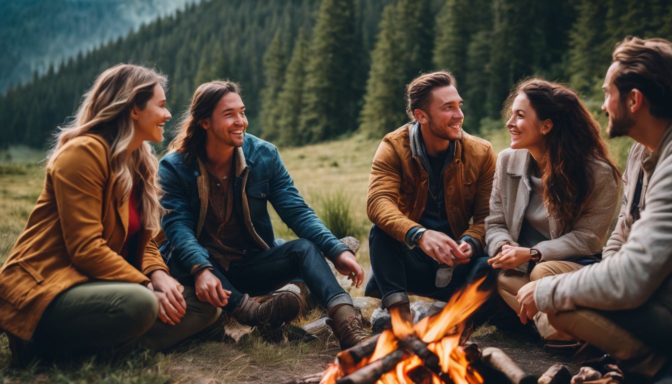 A diverse group of travelers gather around a bonfire, sharing stories and studying a map.