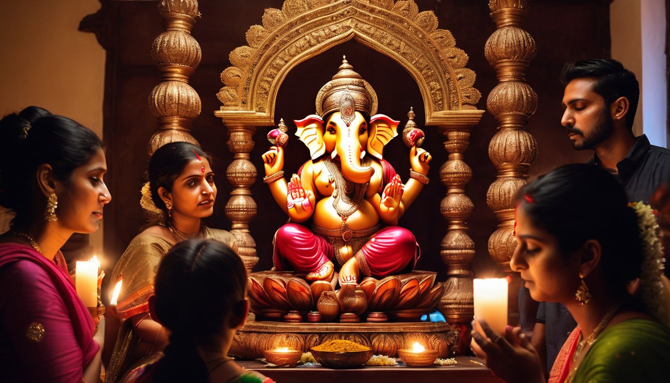 An Indian family is shown praying to a Ganesha idol surrounded by candles and incense.