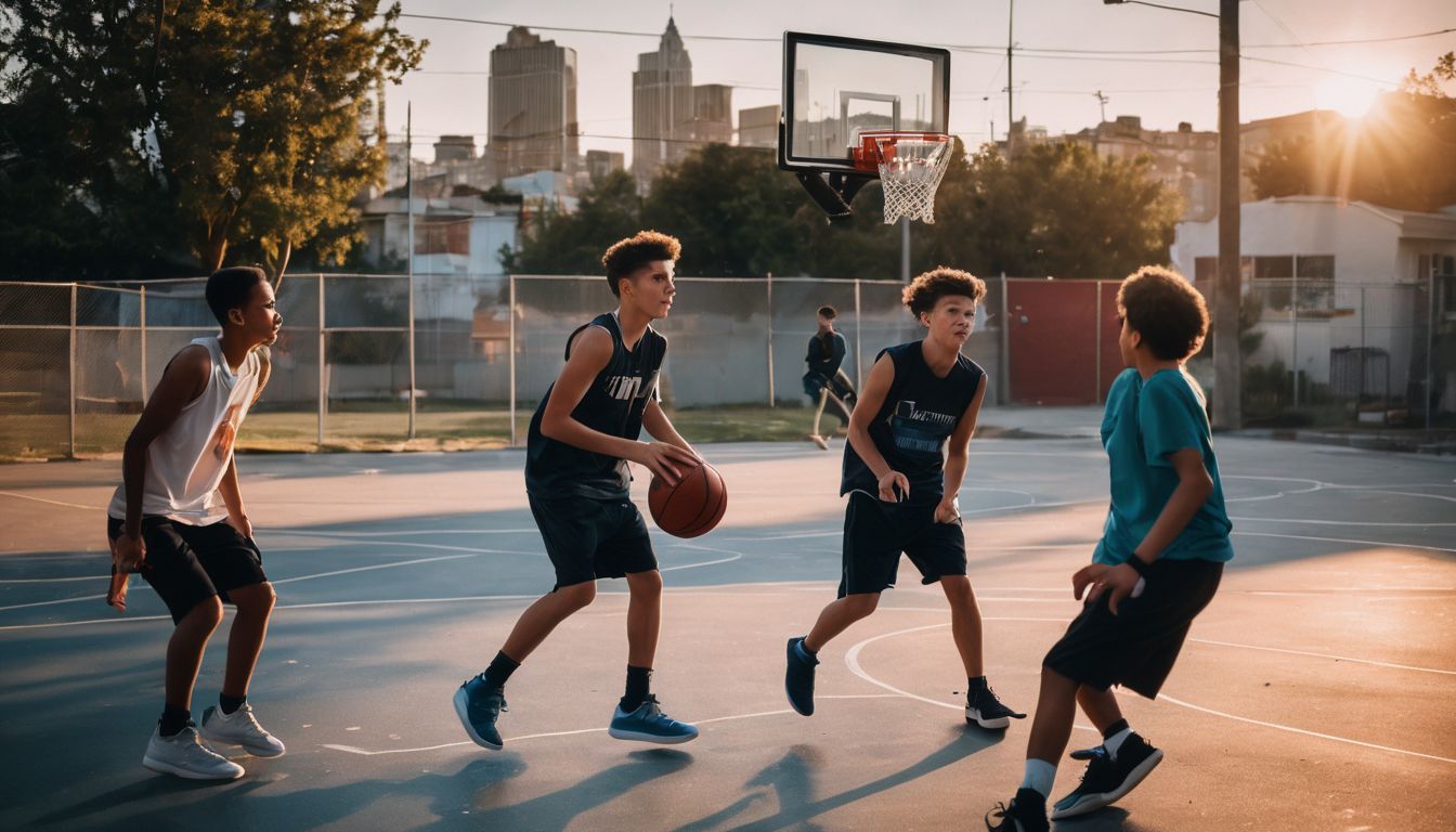 A diverse group of urban youth playing basketball in a vibrant neighborhood.