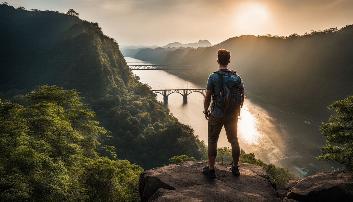 A hiker stands on a cliff, overlooking the Death Railway and River Kwai Bridge, capturing the bustling atmosphere with their camera.
