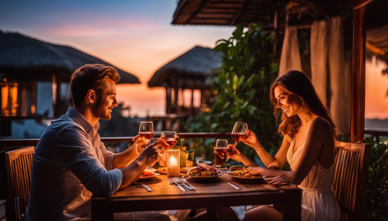 A couple enjoys a romantic dinner on a private terrace with a beautiful sunset view at a small bungalow resort.