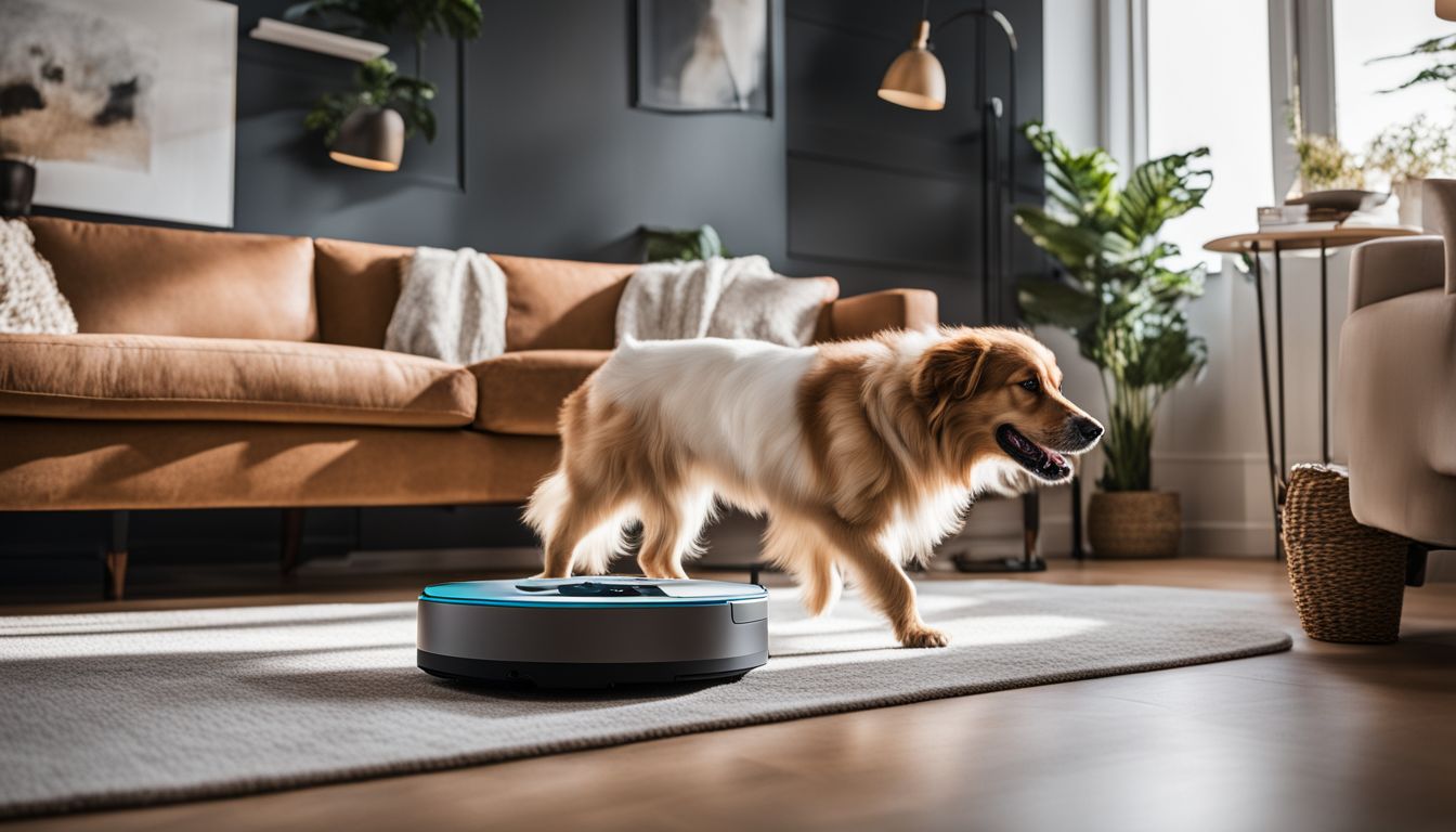 A robotic vacuum cleaner playing with a happy dog in a modern living room.