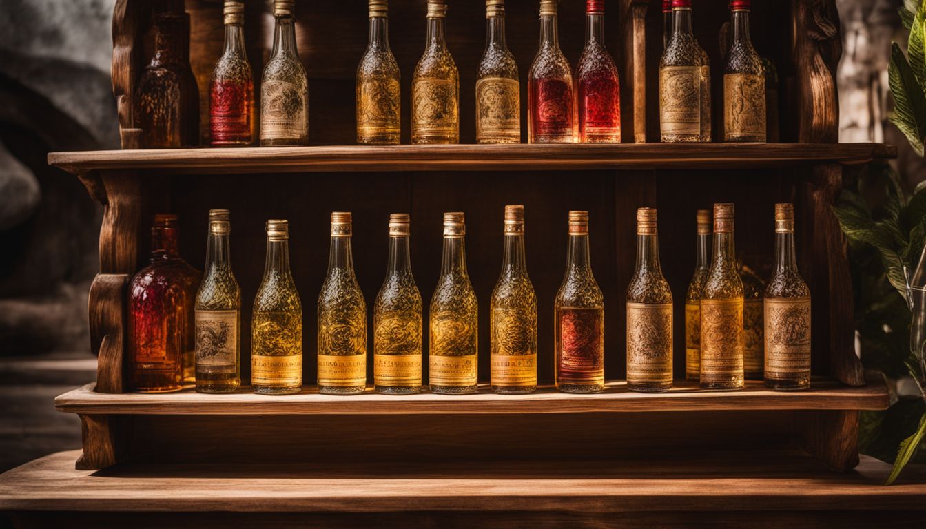 A carved wooden shelf displays a collection of snake wine bottles in a bustling atmosphere.