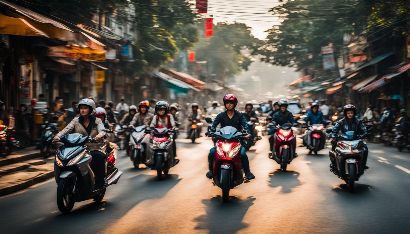 A photo of motorbikes zooming through the bustling streets of Hanoi captures the vibrant cityscape.