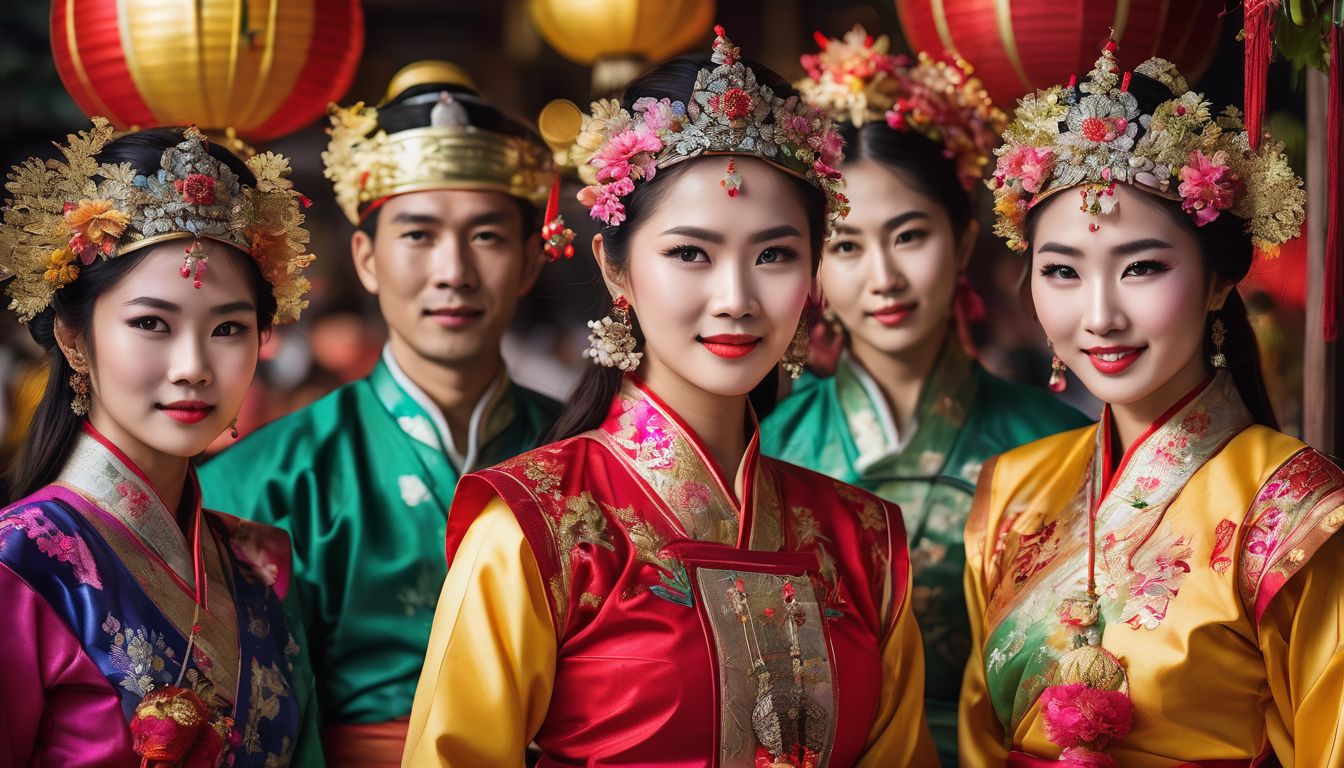 A group of people in traditional Vietnamese costumes participate in a vibrant cultural festival.