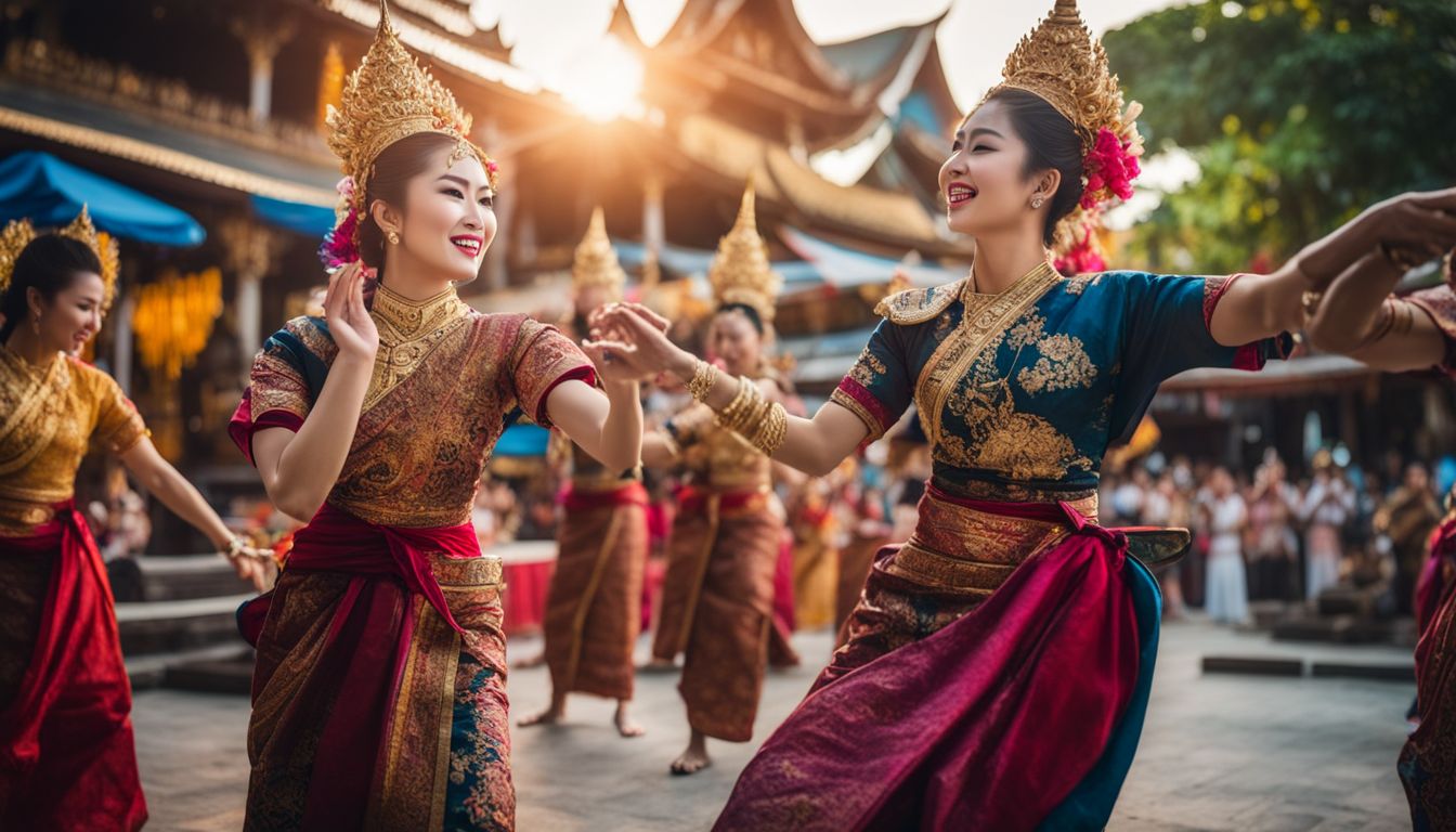 Performers in traditional Thai costumes dance and play traditional musical instruments in a bustling cityscape.