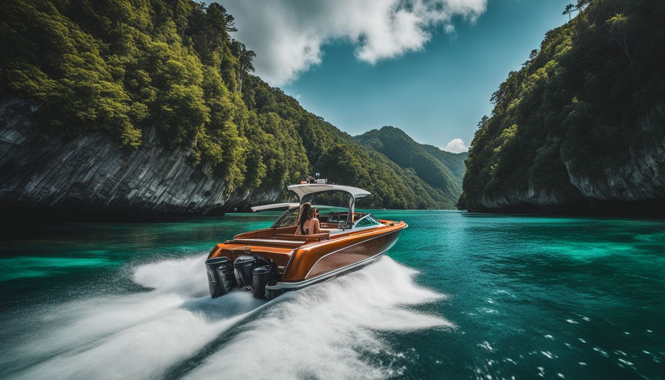 A speedboat cruises through crystal clear waters with lush green islands in the background.