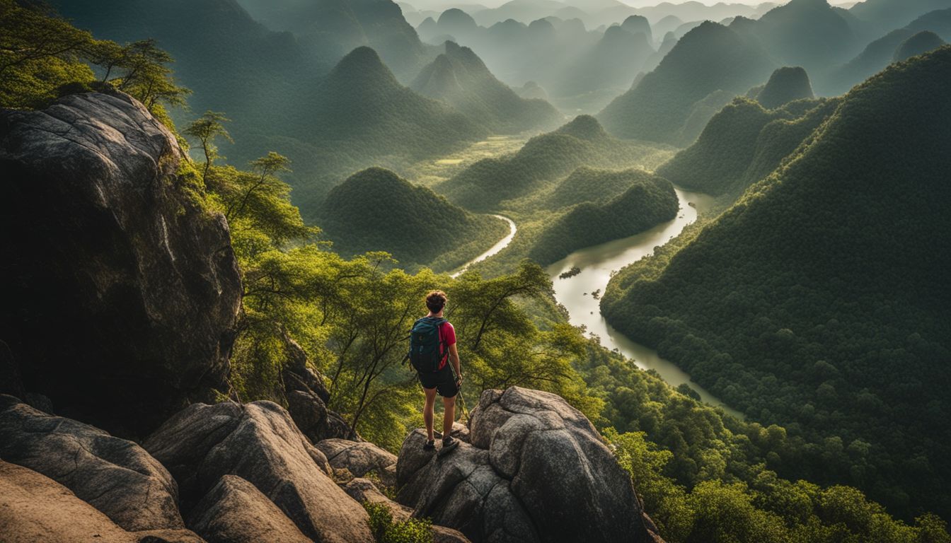 A hiker standing on a rocky cliff, overlooking the lush Phong Nha landscape in vibrant detail.