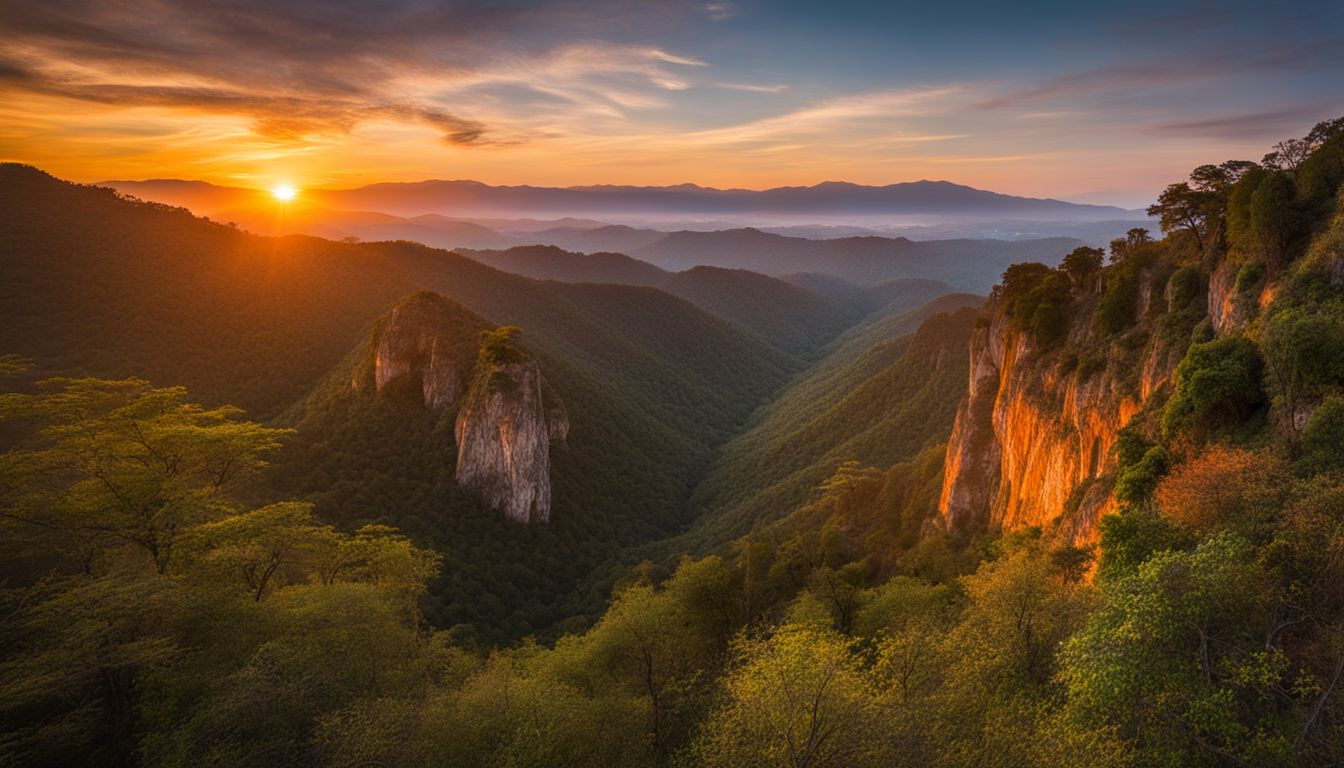 A stunning photograph of Pai Canyon at sunset, showcasing its vibrant colors and rugged cliffs.