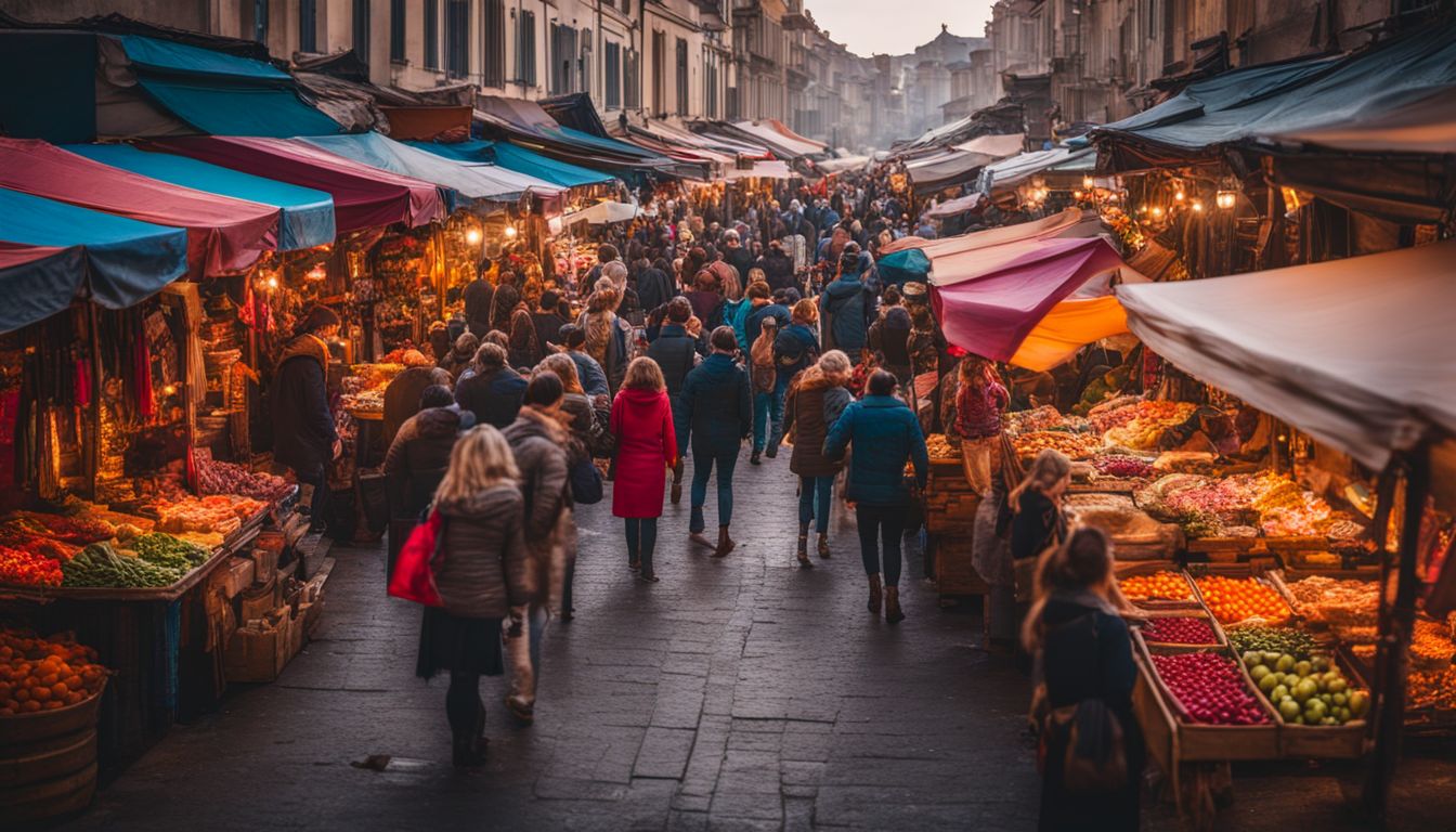 A vibrant street market filled with diverse stalls and people, captured with professional photography equipment.