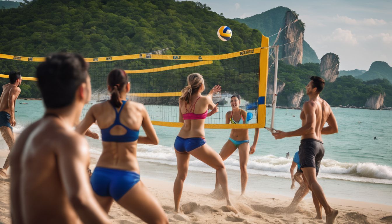 A group of friends playing beach volleyball with stunning uninhabited islands in the background.